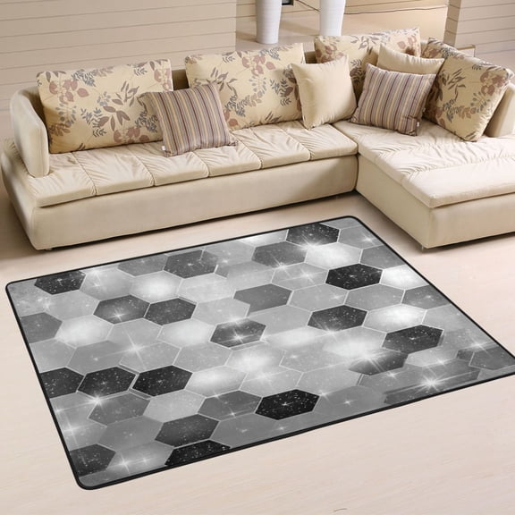Area Rugs 36"x24" Indoor Non-Slip Wear Resistant Floor Mats Soft Large Carpets for Living Room Bedroom Home Decor Washable Rug Futuristic Sparkle Hex Tile