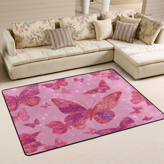 Area Rugs 36"x24" Indoor Non-Slip Wear Resistant Floor Mats Soft Large Carpets for Living Room Bedroom Home Decor Washable Rug Glittering Sequin Butterfly