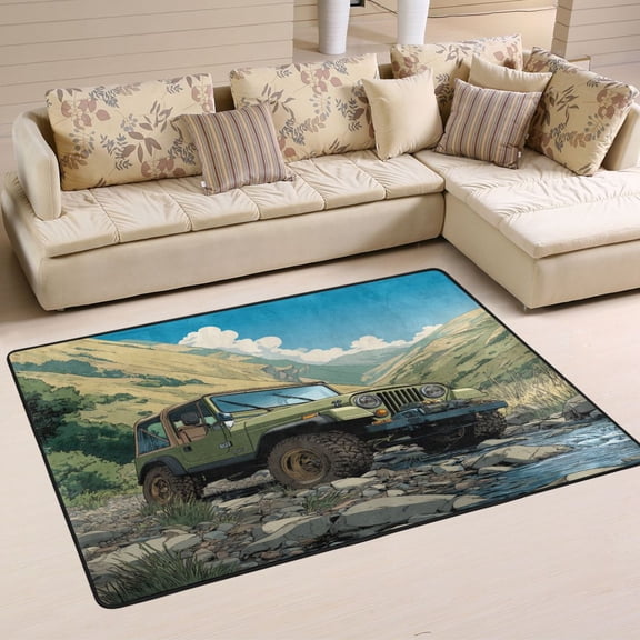 Area Rugs 36"x24" Indoor Non-Slip Wear Resistant Floor Mats Soft Large Carpets for Living Room Bedroom Home Decor Washable Rug Mountain Stream Jeep Adventure