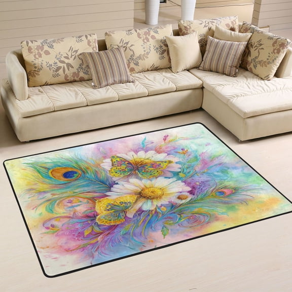 Area Rugs 36"x24" Indoor Non-Slip Wear Resistant Floor Mats Soft Large Carpets for Living Room Bedroom Home Decor Washable Rug Peacock Feathers Art Pattern
