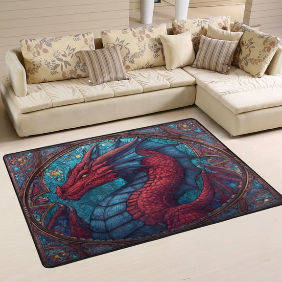 Area Rugs 36"x24" Indoor Non-Slip Wear Resistant Floor Mats Soft Large Carpets for Living Room Bedroom Home Decor Washable Rug Red Magical Dragon King
