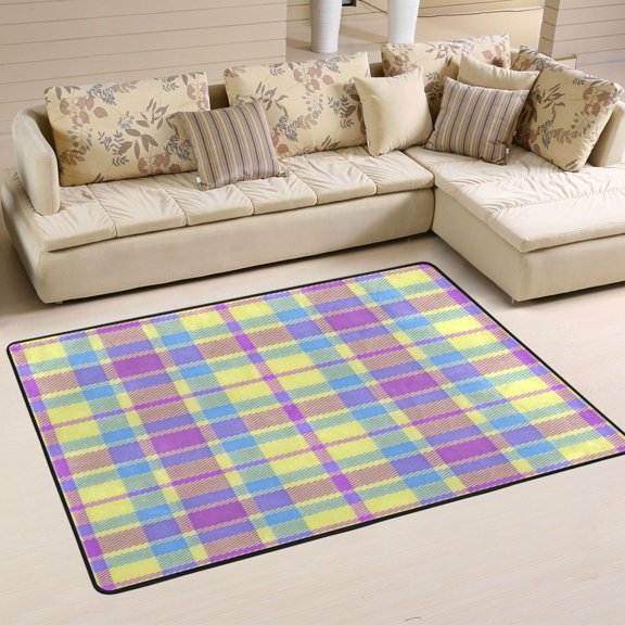 Area Rugs 36"x24" Indoor Non-Slip Wear Resistant Floor Mats Soft Large Carpets for Living Room, Bedroom, Home Decor Washable Rug Yellow Purple Checkered Pattern