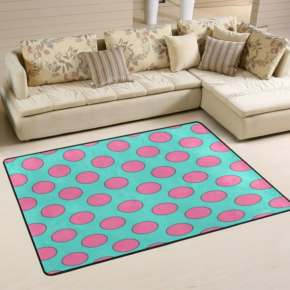 Area Rugs 36"x24" Indoor Non-Slip Wear Resistant Floor Mats Soft Large Carpets for Living Room, Bedroom, Home Decor Washable Rug Aqua Pink Dots