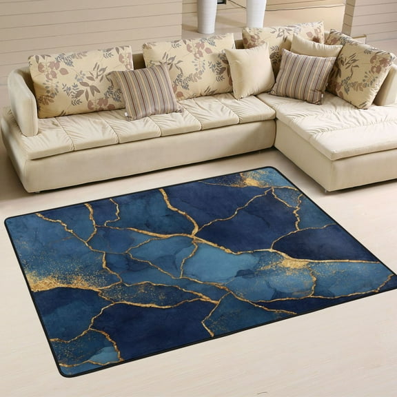 Area Rugs 36"x24" Indoor Non-Slip Wear Resistant Floor Mats Soft Large Carpets for Living Room Bedroom Home Decor Washable Rug Dark Blue Marble Veins