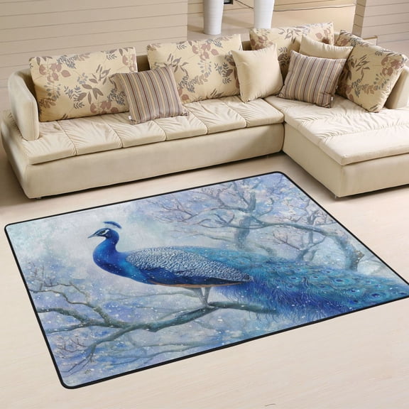 Area Rugs 36"x24" Indoor Non-Slip Wear Resistant Floor Mats Soft Large Carpets for Living Room Bedroom Home Decor Washable Rug Elegant Blue Peacock