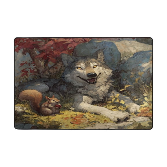 Area Rugs 36"x24" Indoor Non-Slip Wear Resistant Floor Mats Soft Large Carpets for Living Room Bedroom Home Decor Washable Rug Gray Wolf and Squirrel