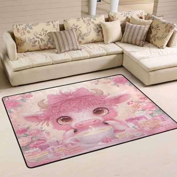 Area Rugs 36"x24" Indoor Non-Slip Wear Resistant Floor Mats Soft Large Carpets for Living Room Bedroom Home Decor Washable Rug Pink-haired Cow