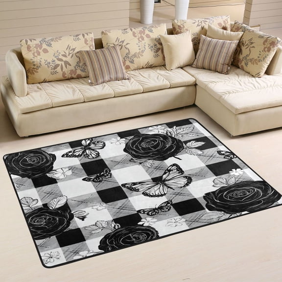 Area Rugs 36"x24" Indoor Non-Slip Wear Resistant Floor Mats Soft Large Carpets for Living Room Bedroom Home Decor Washable Rug Rose Checkered Pattern