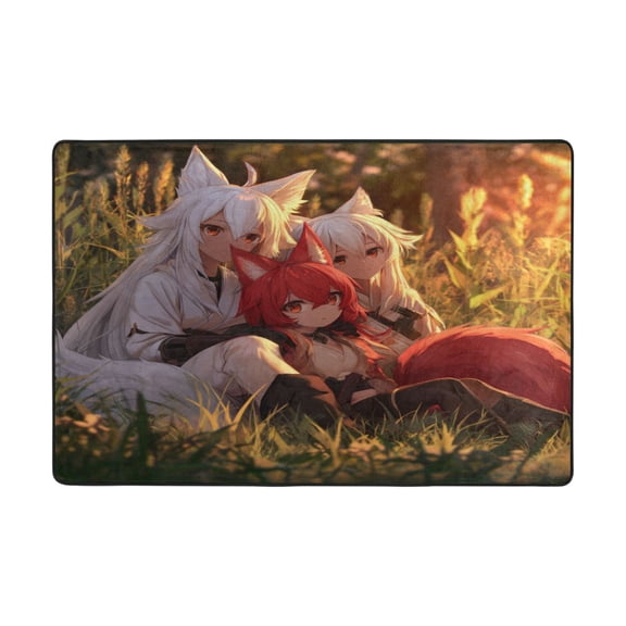 Area Rugs 36"x24" Indoor Non-Slip Wear Resistant Floor Mats Soft Large Carpets for Living Room Bedroom Home Decor Washable Rug Three Anime Foxes