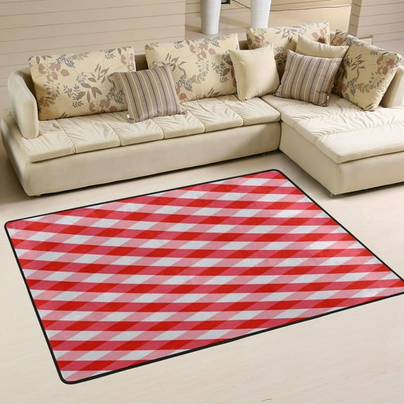 Area Rugs 36"x24" Indoor Non-Slip Wear Resistant Floor Mats Soft Large Carpets for Living Room, Bedroom, Home Decor Washable Rug White Red Plaid