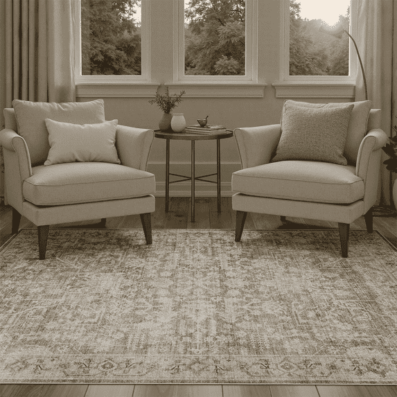 3x5 Washable Rug, Non Slip Stain-Resistant Traditional Retro Rugs for Entryway, Kitchen, Bedroom, Laundry, Bathroom-Beige