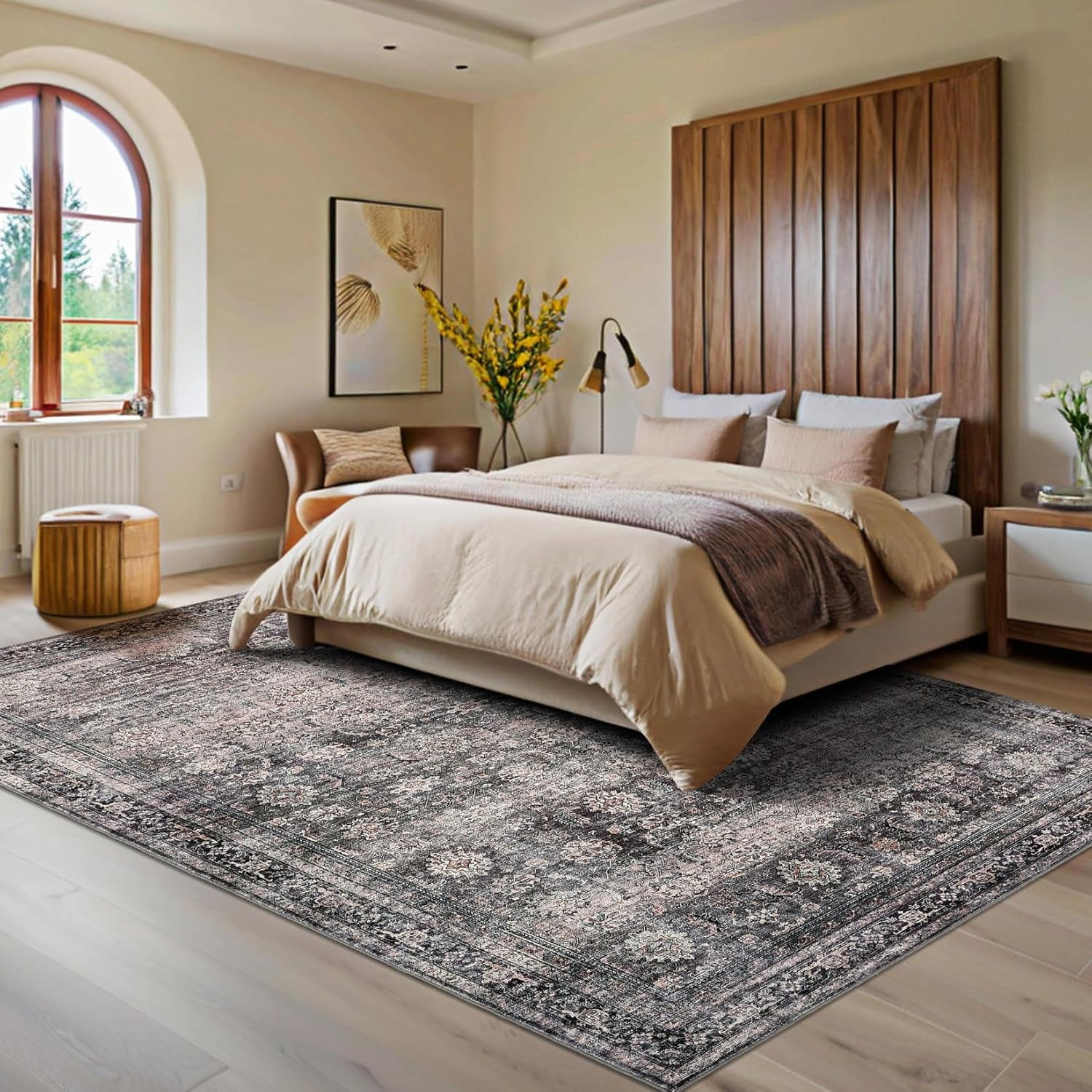 Area Rugs 3x5 Vintage Printed Floor Carpet with Non-Slip Backing, Stain-Resistant Oriental Throw Bedside Washable Farmhouse Low Pile Rugs for Living Room, Bedroom, Office, Green Camel