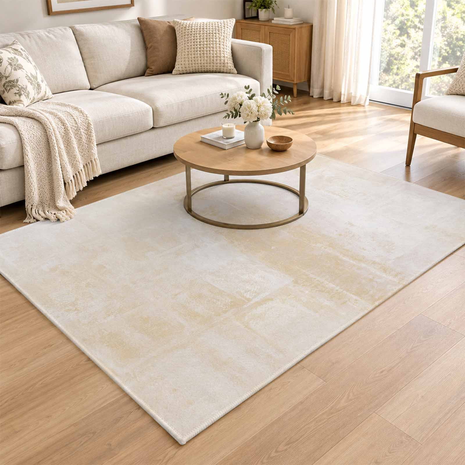 Area Rugs 4 x 6 Washable, Beige Living Room Bedroom Rug Low Pile, Retro ...