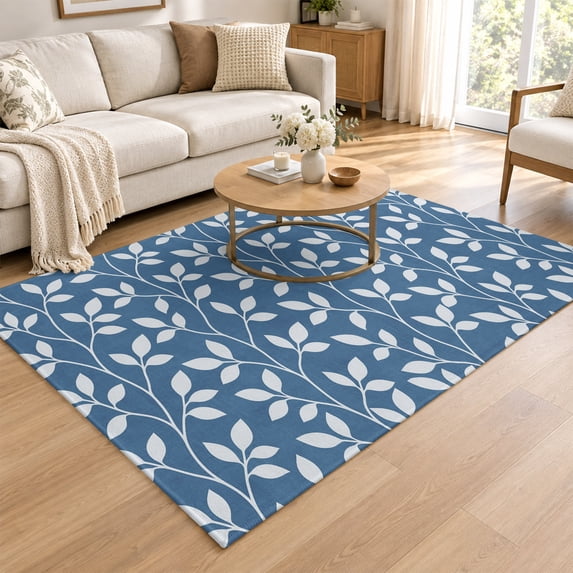 Navy Office Rug Area Rugs 4 x 6 Washable, Navy Blue Farmhouse Leaves Living Room ...