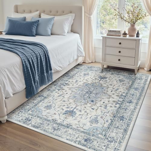 Area Rugs 4'x5' Washable Non-Slip, Floral Vintage Distress Print Pattern Medallion Carpet for Living Room Bedroom Dining Room, Light Blue Navy Beige Gray White
