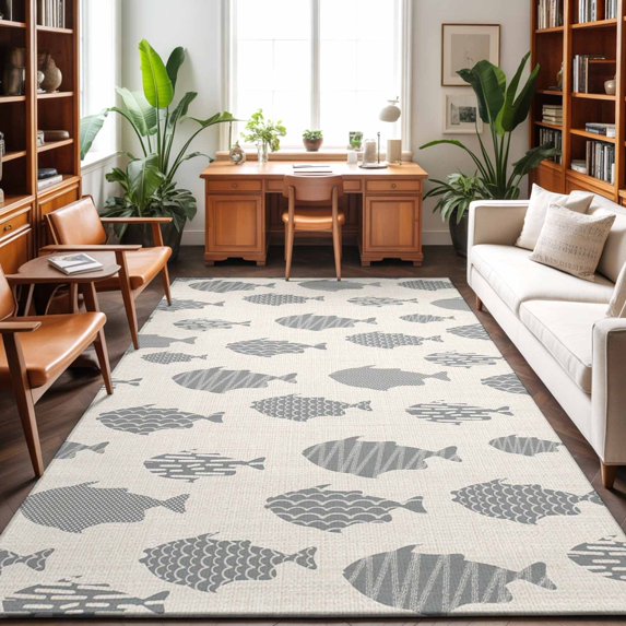 Area Rugs 4'x6'. Abstract Art Fish Grey Carpet Runner Indoor Outdoor Rugs Home Decor Aesthetic, Coastal Ocean Summer Linen Texture Non Slip Mats Washable Accent Rug for Living Room Bedroom