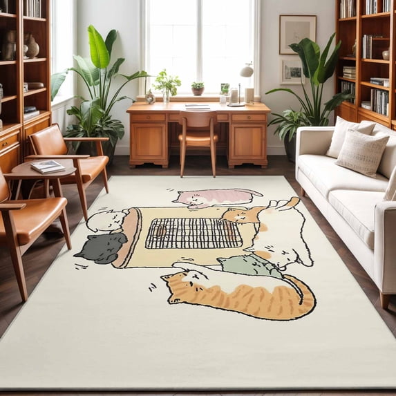 Area Rugs 4'x6'. Beige Cute Cat Carpet Runner Indoor Outdoor Rugs Home Decor Aesthetic, Cartoon Funny Heater Cats Non Slip Mats Washable Accent Rug for Living Room Bedroom
