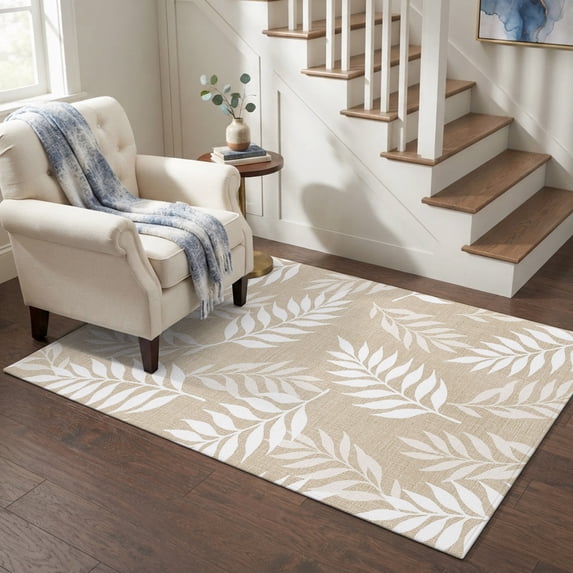 Area Rugs 4'x6'. Beige Leaves Carpet Runner Indoor Outdoor Rugs Home Decor Aesthetic, Summer Botanical Modern Zen Vintage Minimalist Non Slip Mats Washable Accent Rug for Living Room Bedroom