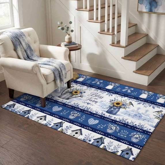 Area Rugs 4'x6'. Blue Farmhouse Carpet Runner Indoor Outdoor Rugs Home Decor Aesthetic, Country Farm Cabin Sunflower Botanical Non Slip Mats Washable Accent Rug for Living Room Bedroom