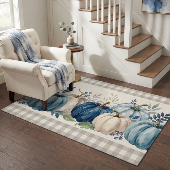 Area Rugs 4'x6'. Blue White Pumpkin Fall Carpet Runner Indoor Outdoor Rugs Home Decor Aesthetic, Thanksgiving Eucalyptus Retro Non Slip Mats Washable Accent Rug for Living Room Bedroom