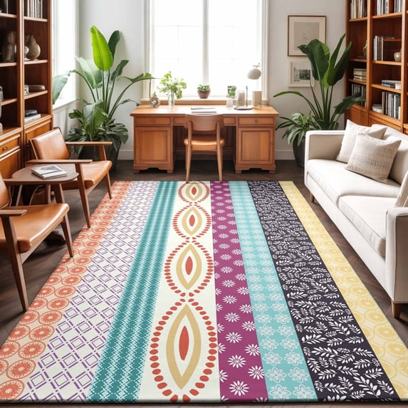 Area Rugs 4'x6'. Bohemia Ethnic Carpet Runner Indoor Outdoor Rugs Home Decor Aesthetic, Boho Tribal Teal Orange Purple Stripes Leaves Non Slip Mats Washable Accent Rug for Living Room Bedroom