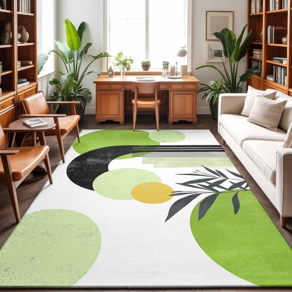 Area Rugs 4'x6'. Boho Middle Century Carpet Runner Indoor Outdoor Rugs Home Decor Aesthetic, Abstract Green Geometric Botanical Non Slip Mats Washable Accent Rug for Living Room Bedroom