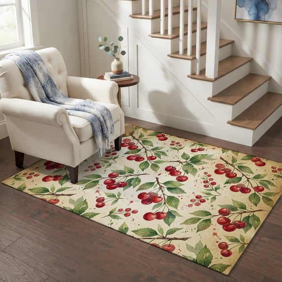 Area Rugs 4'x6'. Botanical Cherry Carpet Runner Indoor Outdoor Rugs Home Decor Aesthetic, Vintage Brown Forest Fruits Green Branch Non Slip Mats Washable Accent Rug for Living Room Bedroom