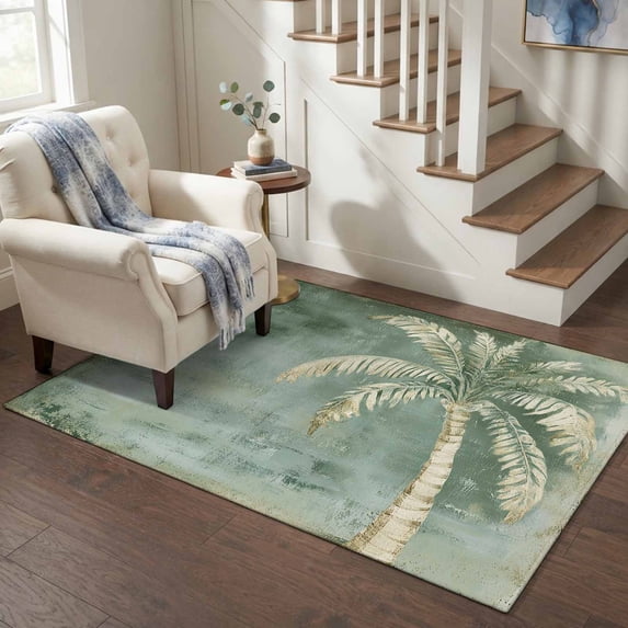 Area Rugs 4'x6'. Coastal Beach Tree Sage Green Carpet Runner Indoor Outdoor Rugs Home Decor Aesthetic, Vintage Summer Palm Tropical Non Slip Mats Washable Accent Rug for Living Room Bedroom
