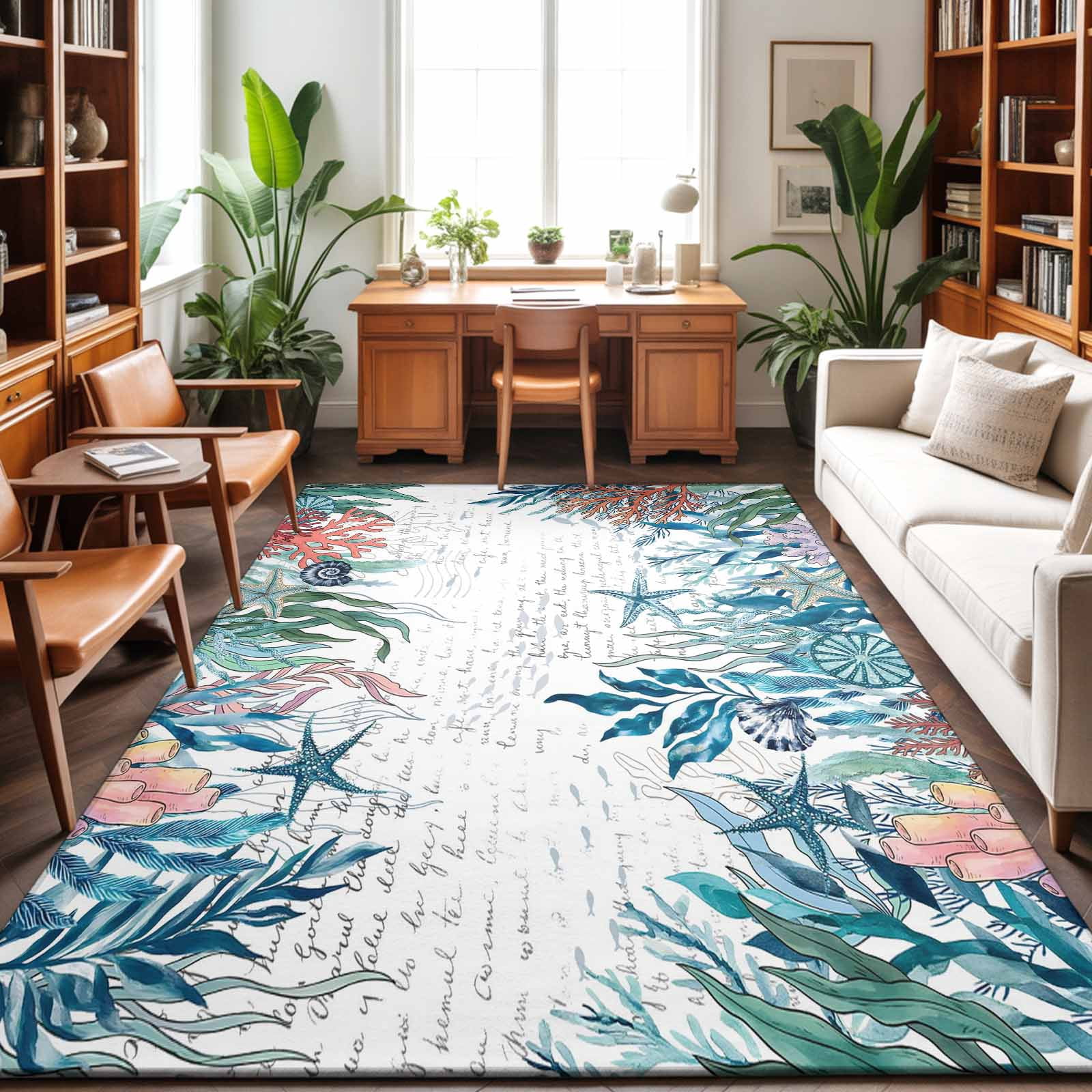 Area Rugs 4'x6'. Coastal Teal Seaweed Carpet Runner Indoor Outdoor Rugs Home Decor Aesthetic, Summer Beach Coral Starfish Retro Non Slip Mats Washable Accent Rug for Living Room Bedroom