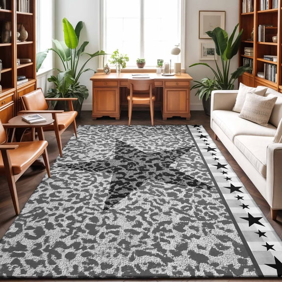 Area Rugs 4'x6'. Country Star Retro Carpet Runner Indoor Outdoor Rugs Home Decor Aesthetic, Vintage Grey Leopard Print Texas Stars Non Slip Mats Washable Accent Rug for Living Room Bedroom