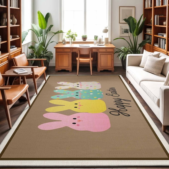 Area Rugs 4'x6'. Easter Carpet Runner Indoor Outdoor Rugs Home Decor Aesthetic, Colorful Bunny Spring Cartoon Cute Rabbits Brown Non Slip Mats Washable Accent Rug for Living Room Bedroom