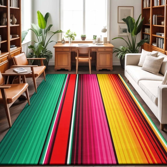 Area Rugs 4'x6'. Mexican Style Carpet Runner Indoor Outdoor Rugs Home Decor Aesthetic, Colorful Mexico Stripes Green Red Pink Non Slip Mats Washable Accent Rug for Living Room Bedroom