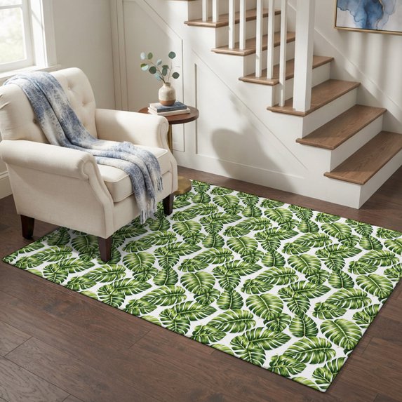 Area Rugs 4'x6'. Monstera Leaves Carpet Runner Indoor Outdoor Rugs Home Decor Aesthetic, Tropical Jungle Plants Green Non Slip Mats Washable Accent Rug for Living Room Bedroom