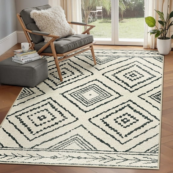 NewBuros 4'x6' Area Rugs for Living Room, Non-Slip Machine Washable Rugs, Soft Stain Resistant Low Pile Vintage Distressed Print Western Indoor Carpet, White & Black