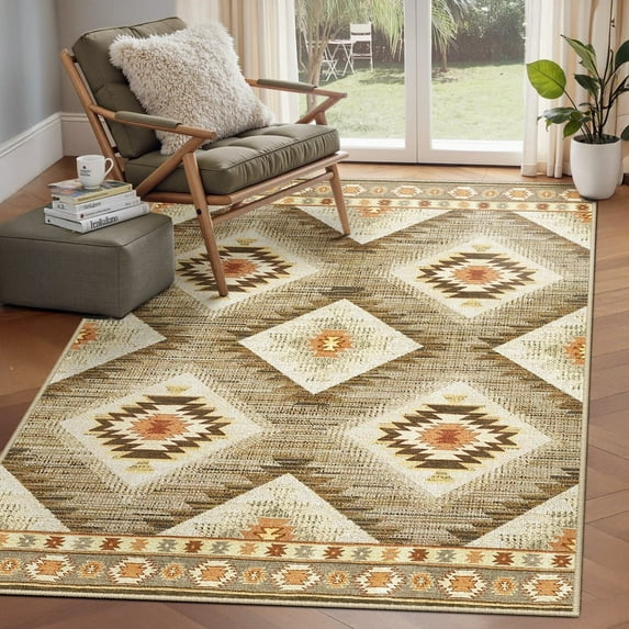 NewBuros 4'x6' Area Rugs for Living Room, Non-Slip Machine Washable Rugs, Soft Stain Resistant Low Pile Vintage Distressed Print Western Indoor Carpet, Camel