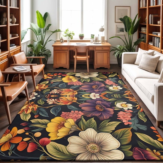 Area Rugs 4'x6'. Orange Flower Carpet Runner Indoor Outdoor Rugs Home Decor Aesthetic, Sunflower Watercolor Plant Floral Leaf Non Slip Mats Washable Accent Rug for Living Room Bedroom