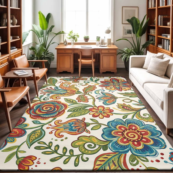 Area Rugs 4'x6'. Paisley Boho Floral Carpet Runner Indoor Outdoor Rugs Home Decor Aesthetic, Vintage Flowers Botanical Non Slip Mats Washable Accent Rug for Living Room Bedroom