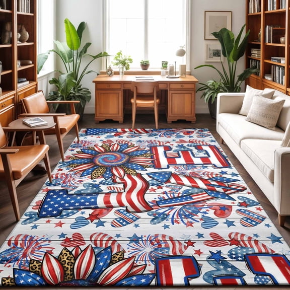 Area Rugs 4'x6'. Patriotic American Flag Carpet Runner Indoor Outdoor Rugs Home Decor Aesthetic, Red Blue Leopard 4th of July Non Slip Mats Washable Accent Rug for Living Room Bedroom
