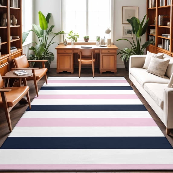 Area Rugs 4'x6'. Pink Navy Blue Striped Carpet Runner Indoor Outdoor Rugs Home Decor Aesthetic, Farmhouse Stripe Art Non Slip Mats Washable Accent Rug for Living Room Bedroom