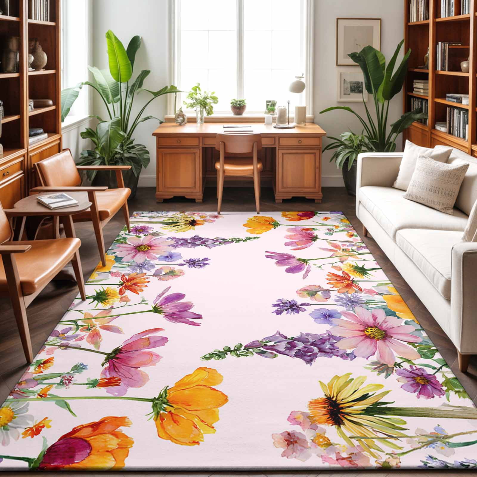 Area Rugs 4'x6'. Pink Spring Floral Carpet Runner Indoor Outdoor Rugs Home Decor Aesthetic, Elegant Pastoral Flowers Daisy Non Slip Mats Washable Accent Rug for Living Room Bedroom