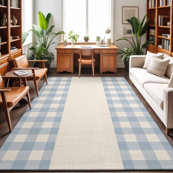 Area Rugs 4'x6'. Retro Blue Carpet Runner Indoor Outdoor Rugs Home Decor Aesthetic, Farmhouse Buffalo Plaid Vintage Beige Non Slip Mats Washable Accent Rug for Living Room Bedroom