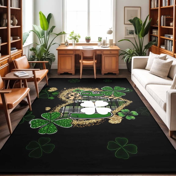 Area Rugs 4'x6'. St. Patrick's Day Carpet Runner Indoor Outdoor Rugs Home Decor Aesthetic, Green Shamrock Leaf Gold Leopard Love Black Non Slip Mats Washable Accent Rug for Living Room Bedroom