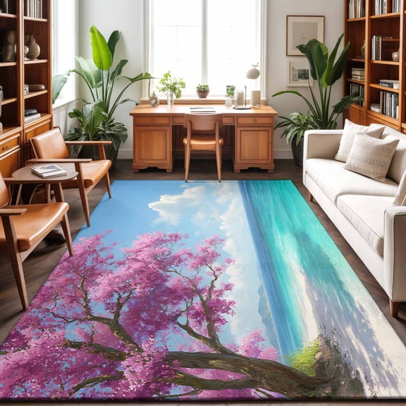 Area Rugs 4'x6'. Summer Beach Carpet Runner Indoor Outdoor Rugs Home Decor Aesthetic, Pink Tree Blue Coastal Ocean Natural Scenery Non Slip Mats Washable Accent Rug for Living Room Bedroom