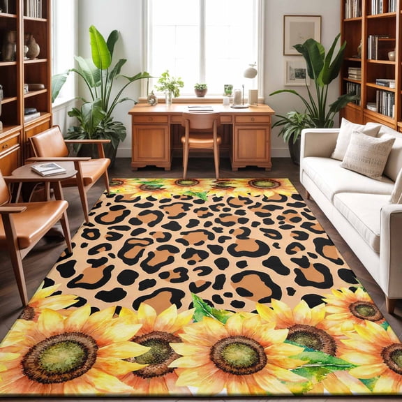 Area Rugs 4'x6'. Sunflower Leopard Carpet Runner Indoor Outdoor Rugs Home Decor Aesthetic, Summer Botanical Watercolor Flowers Non Slip Mats Washable Accent Rug for Living Room Bedroom