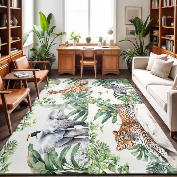 Area Rugs 4'x6'. Tropical Animals Carpet Runner Indoor Outdoor Rugs Home Decor Aesthetic, Summer Elephant Giraffe Leopard Zebra Non Slip Mats Washable Accent Rug for Living Room Bedroom