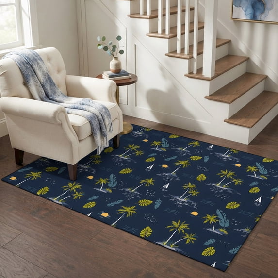 Area Rugs 4'x6'. Tropical Palm Trees Carpet Runner Indoor Outdoor Rugs Home Decor Aesthetic, Summer Monstera Leaf Sailboat Navy Blue Non Slip Mats Washable Accent Rug for Living Room Bedroom