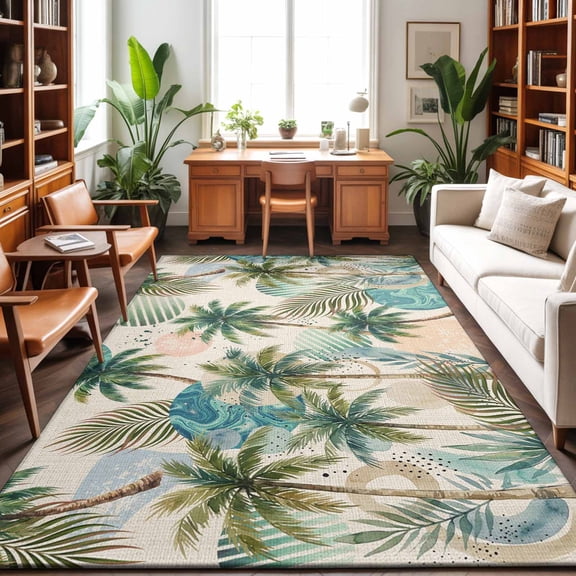 Area Rugs 4'x6'. Tropical Plant Carpet Runner Indoor Outdoor Rugs Home Decor Aesthetic, Summer Watercolor Boho Palm Tree on Linen Non Slip Mats Washable Accent Rug for Living Room Bedroom