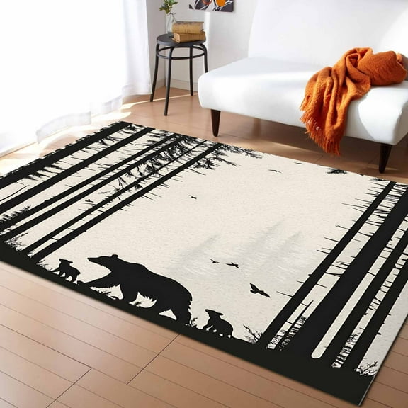Area Rugs 4x6 Ft Abstract Forest Walking Bear Family Natural Silhouette Non-Slip Washable Rug Indoor Rug Floor Mats Non Shedding Carpet for Living Room Bedroom Dining Room Home Decor
