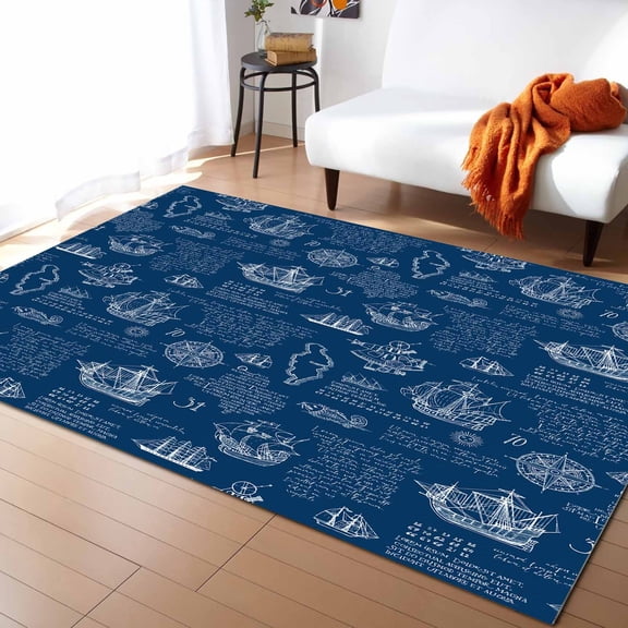 Area Rugs 4x6 Ft Blue Ocean Map Logo White Silhouette Art Pattern Non-Slip Washable Rug Indoor Rug Floor Mats Non Shedding Carpet for Living Room Bedroom Dining Room Home Decor