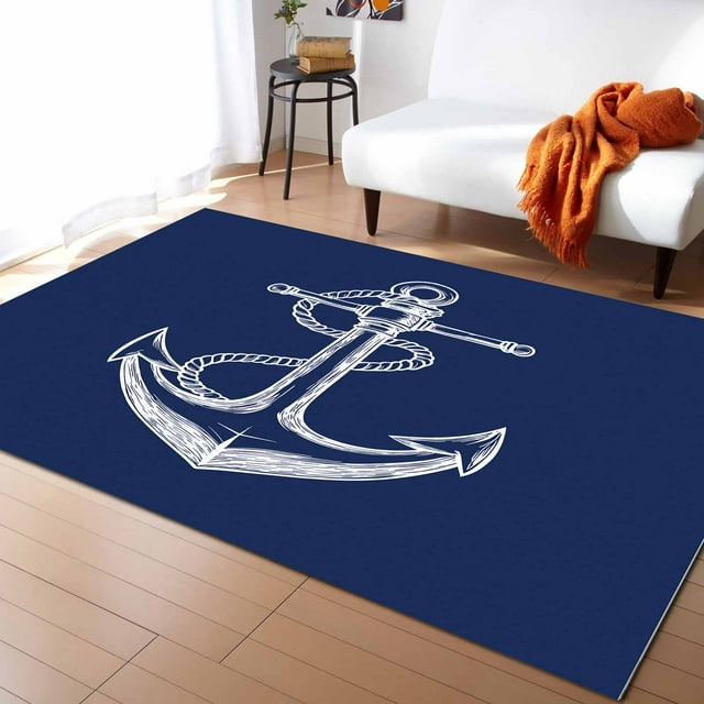 Area Rugs 4x6 Ft Coastal Anchor Nautical Knot Navy Blue Minimalist Non-Slip Washable Rug Indoor Rug Floor Mats Non Shedding Carpet for Living Room Bedroom Dining Room Home Decor